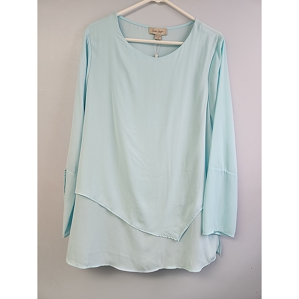 CHARLIE PAIGE Womens Blouse Sz L Blue W/Asymmetrical Hem & Flowing Sleeve NWT